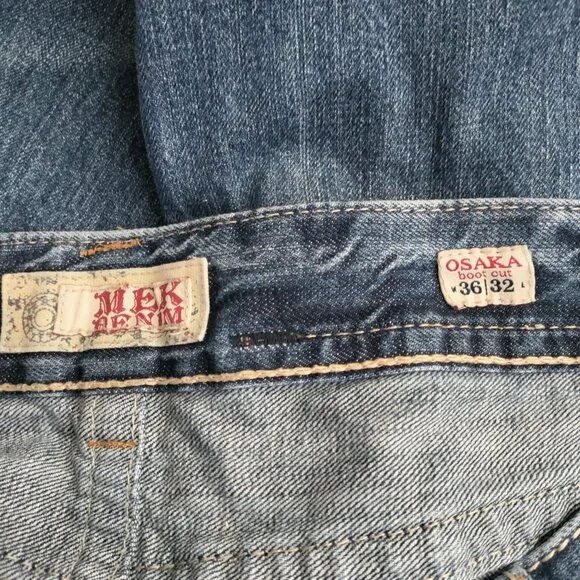 MEK Denim Osaka Jeans 36x32 Blue Straight Bootcut Distressed Button Fly GUC - Picture 3 of 7